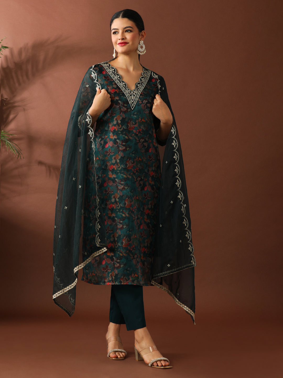 Floral Embroidered Straight Organza Kurta Sets