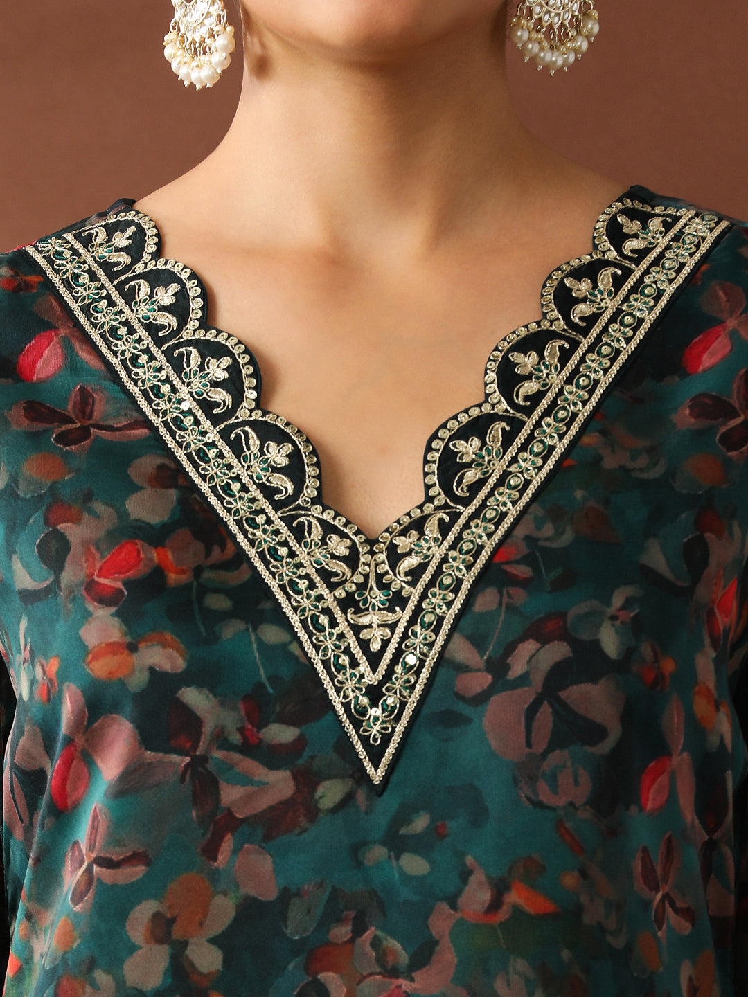 Floral Embroidered Straight Organza Kurta Sets