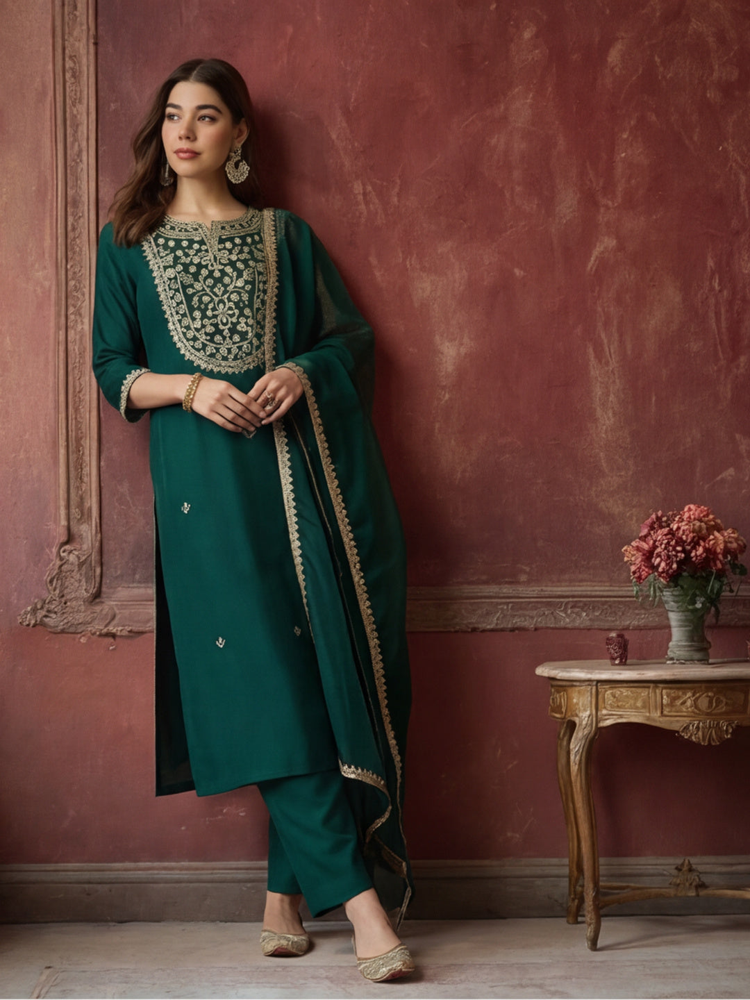 Embroidered Silk Blend Kurta pant & Organza Dupatta Set For Women