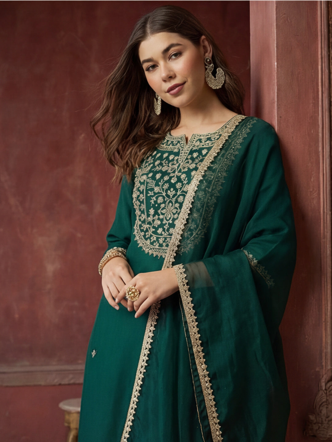 Embroidered Silk Blend Kurta pant & Organza Dupatta Set For Women