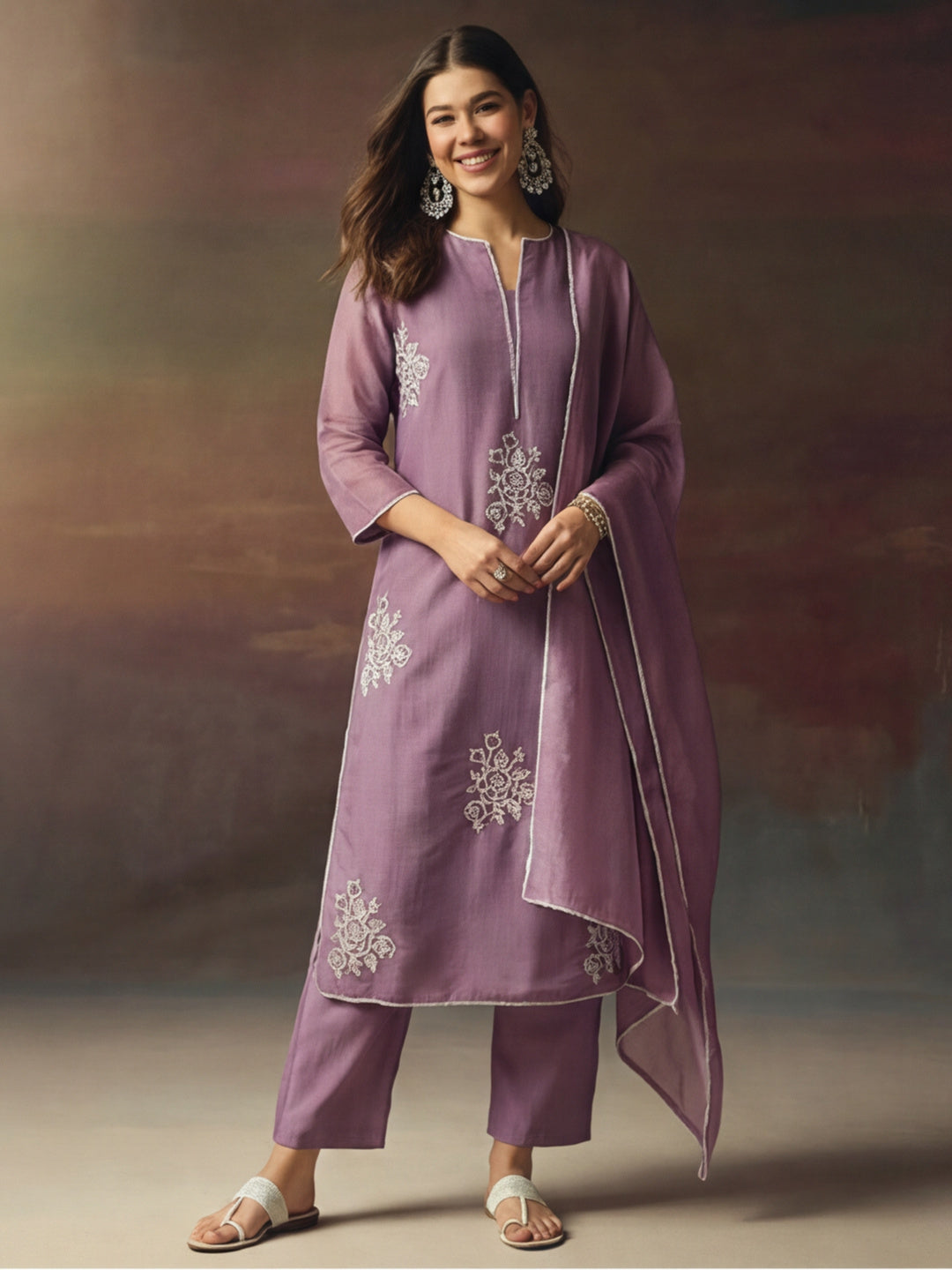 Embroidered Chanderi Cotton Kurta With Silk Blend pant & Chanderi Dupatta Set For Women
