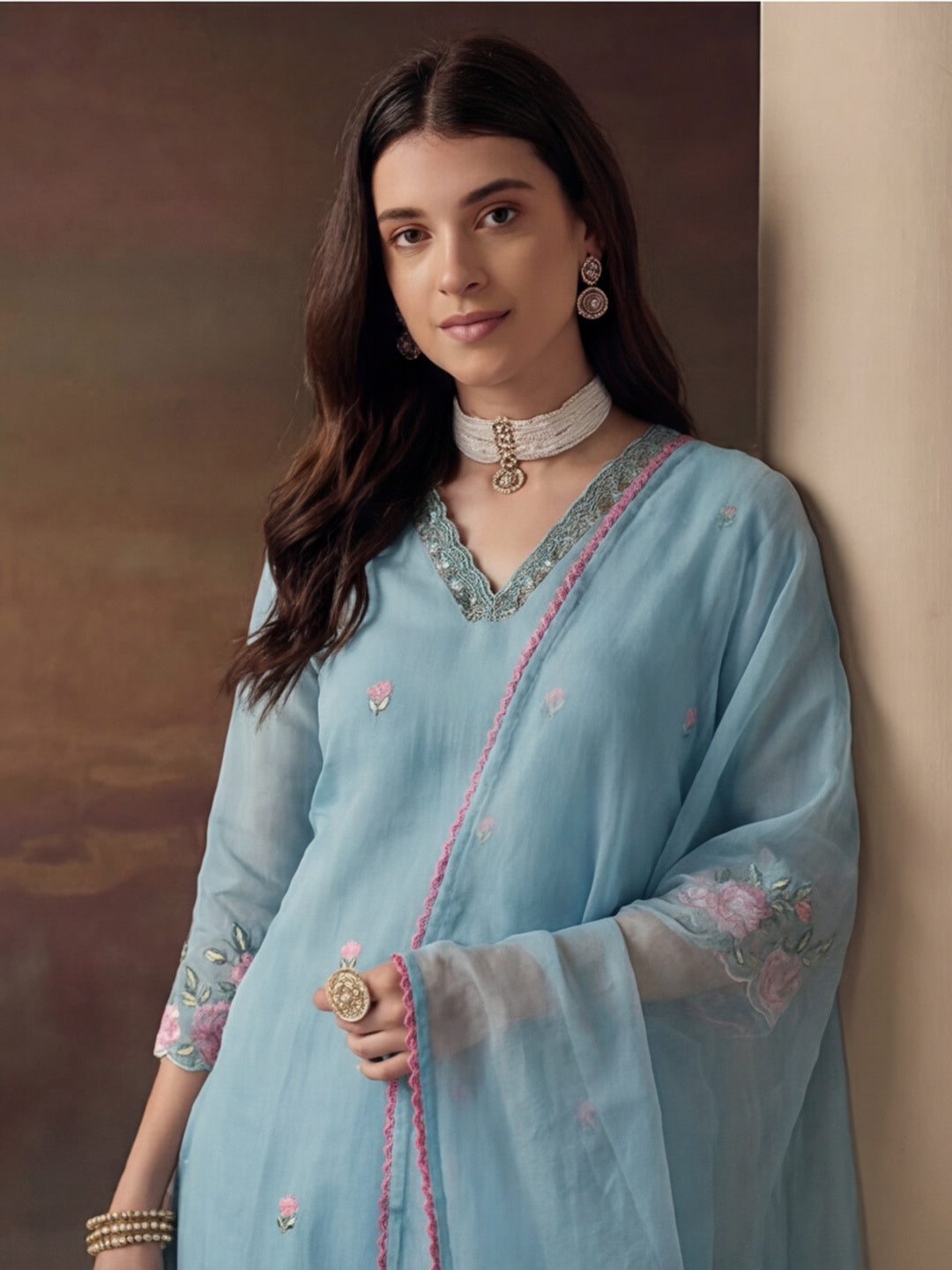 Embroidered Chanderi Cotton Kurta With Silk Blend pant & Organza Dupatta Set For Women