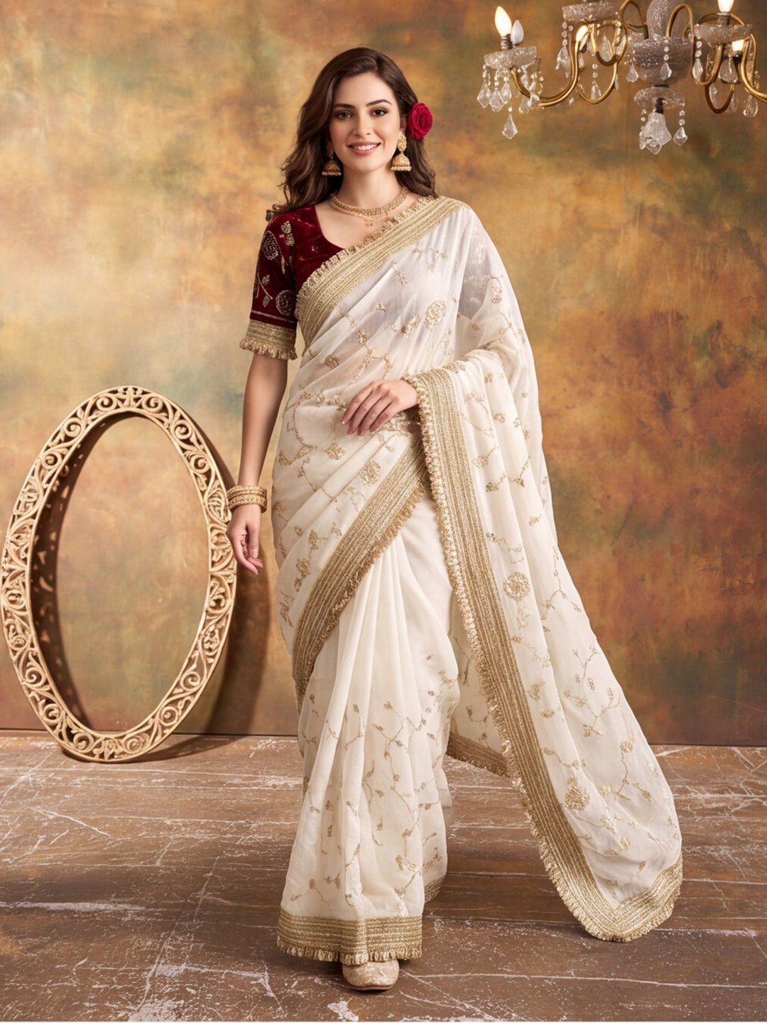 Pure Fandy Satin Pallu Beads Embroidery Work Saree With Unstitched Blouse Piece