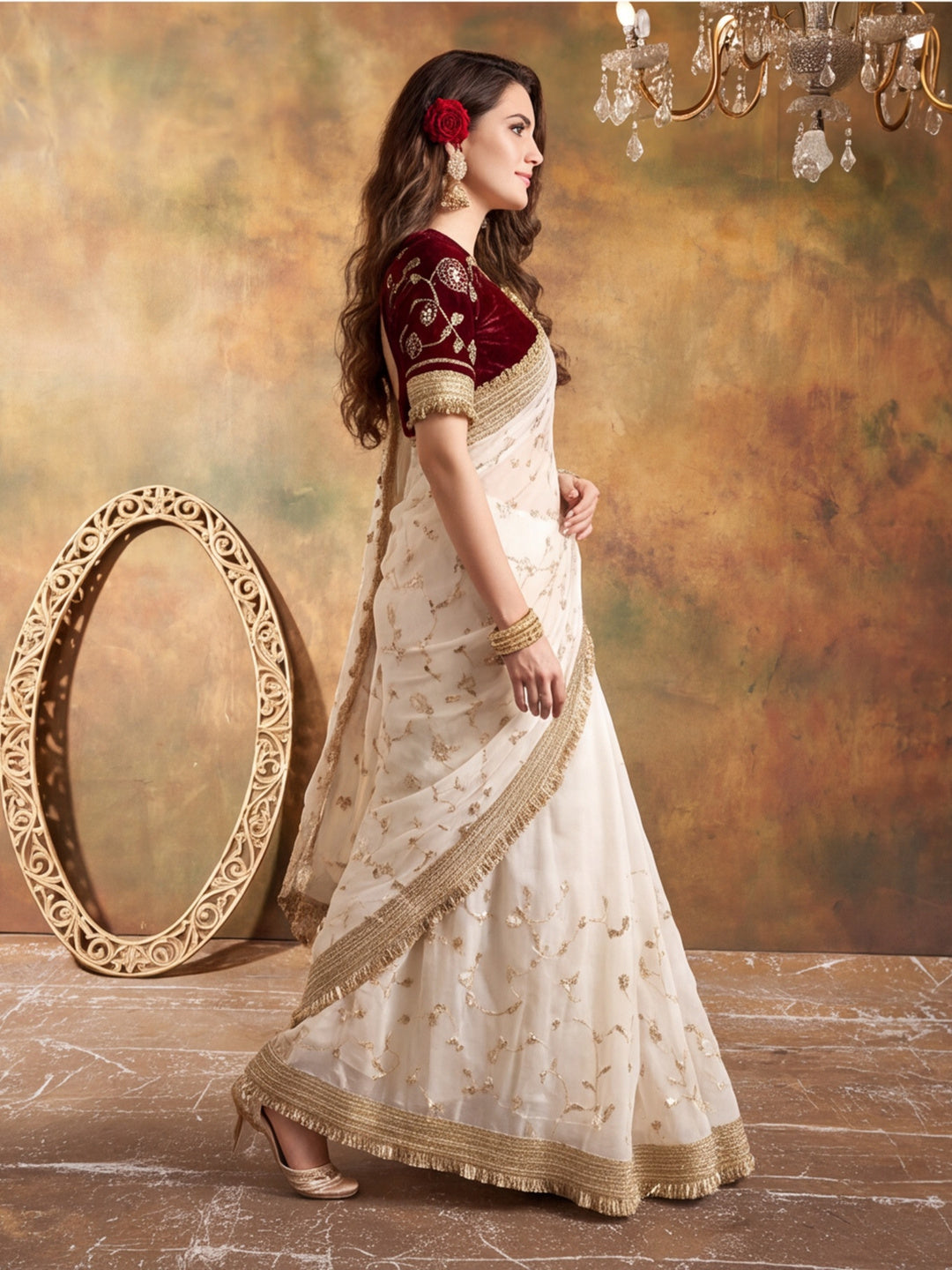 Pure Fandy Satin Pallu Beads Embroidery Work Saree With Unstitched Blouse Piece