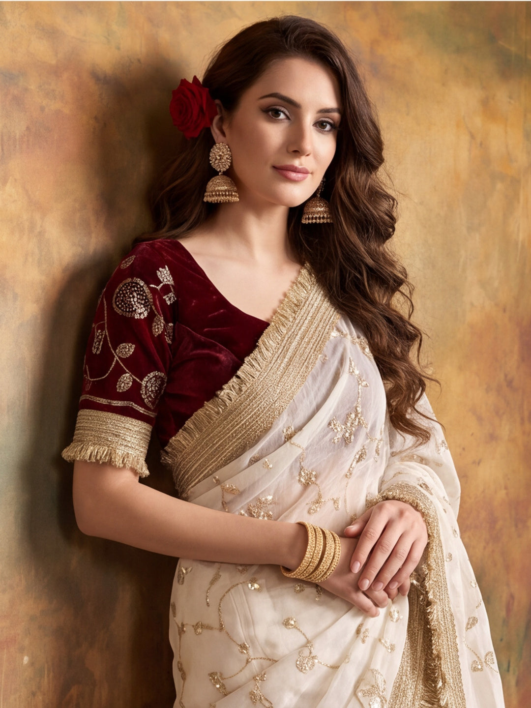 Pure Fandy Satin Pallu Beads Embroidery Work Saree With Unstitched Blouse Piece