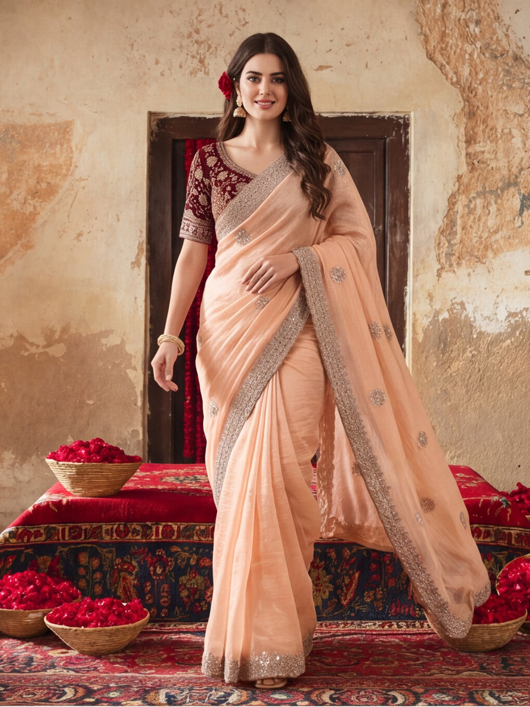 Pure Fandy Satin Pallu Embroidery With Border With Unstitched Blouse Piece