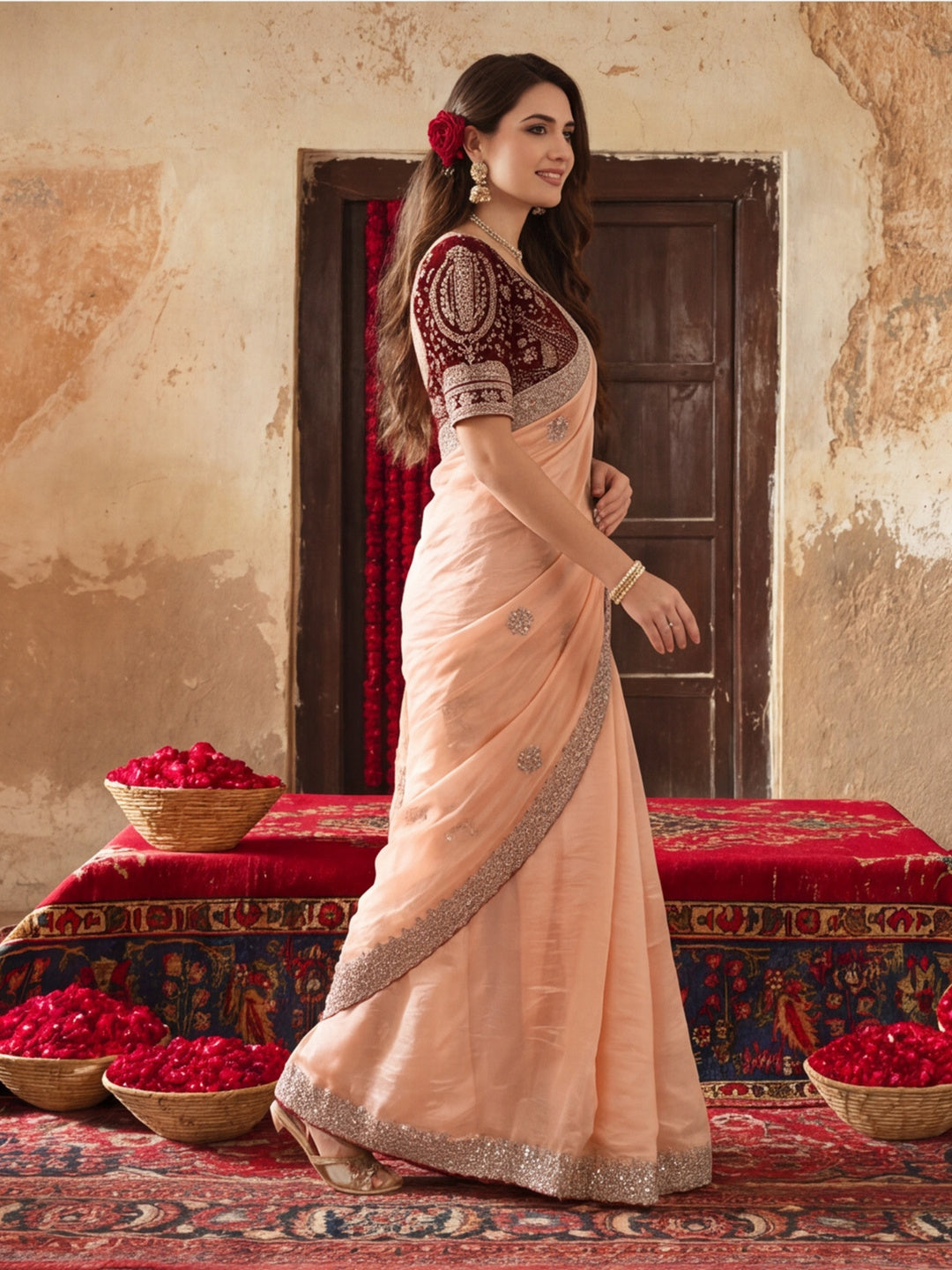 Pure Fandy Satin Pallu Embroidery With Border With Unstitched Blouse Piece