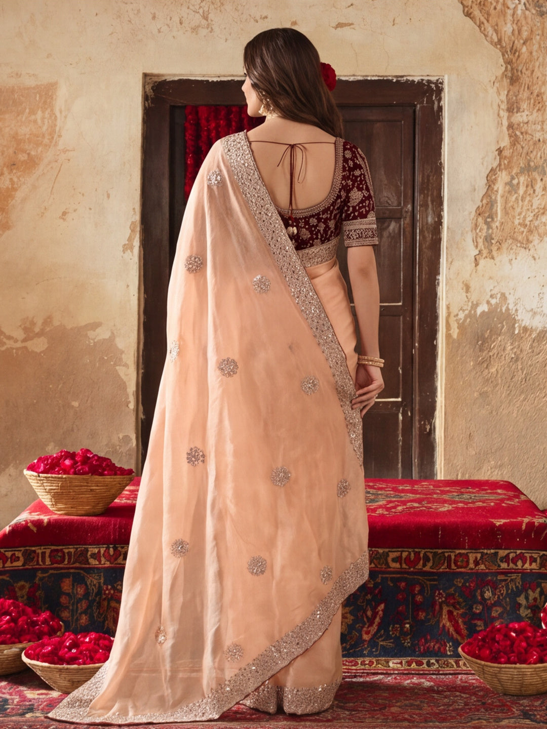 Pure Fandy Satin Pallu Embroidery With Border With Unstitched Blouse Piece