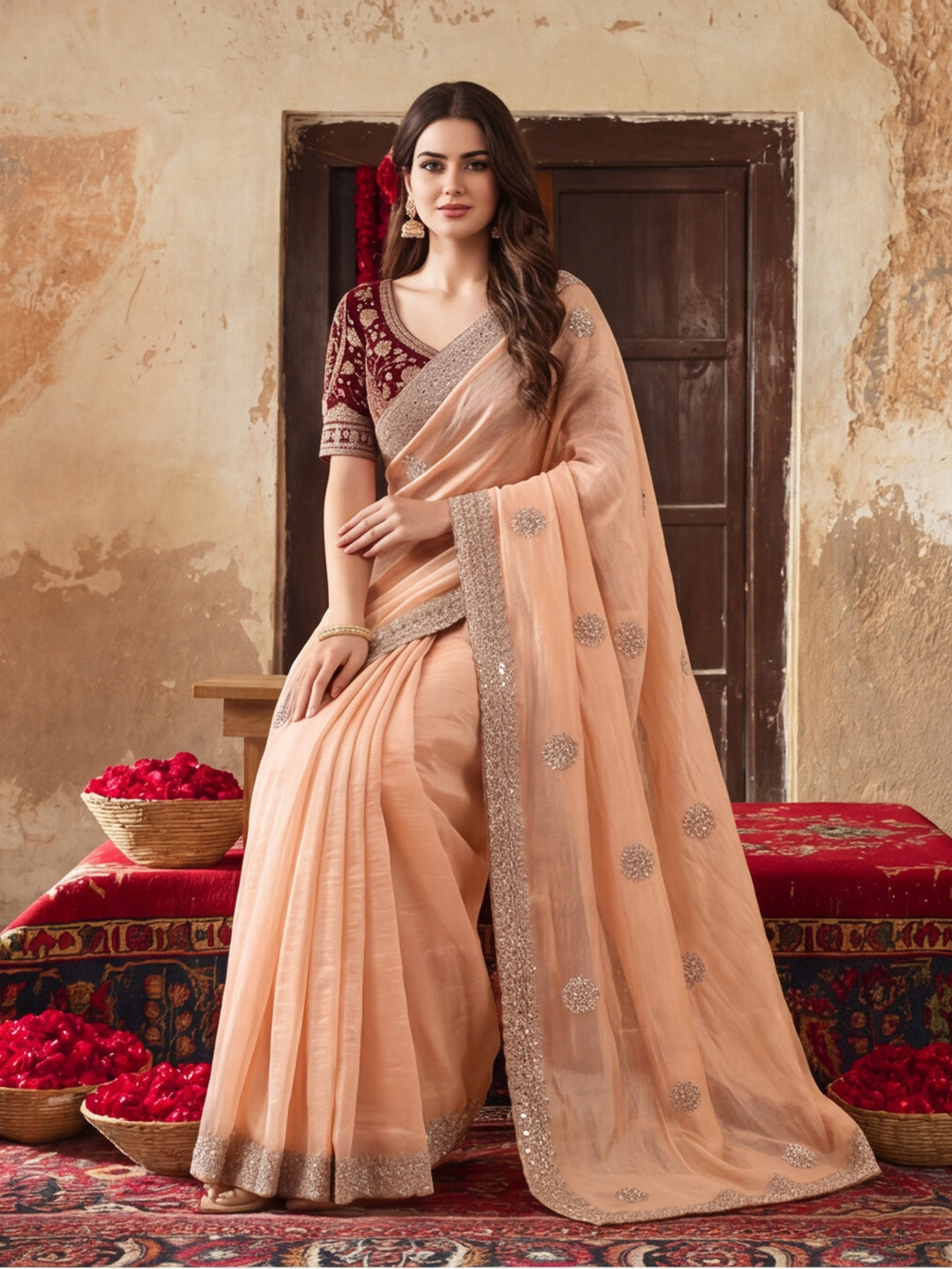Pure Fandy Satin Pallu Embroidery With Border With Unstitched Blouse Piece