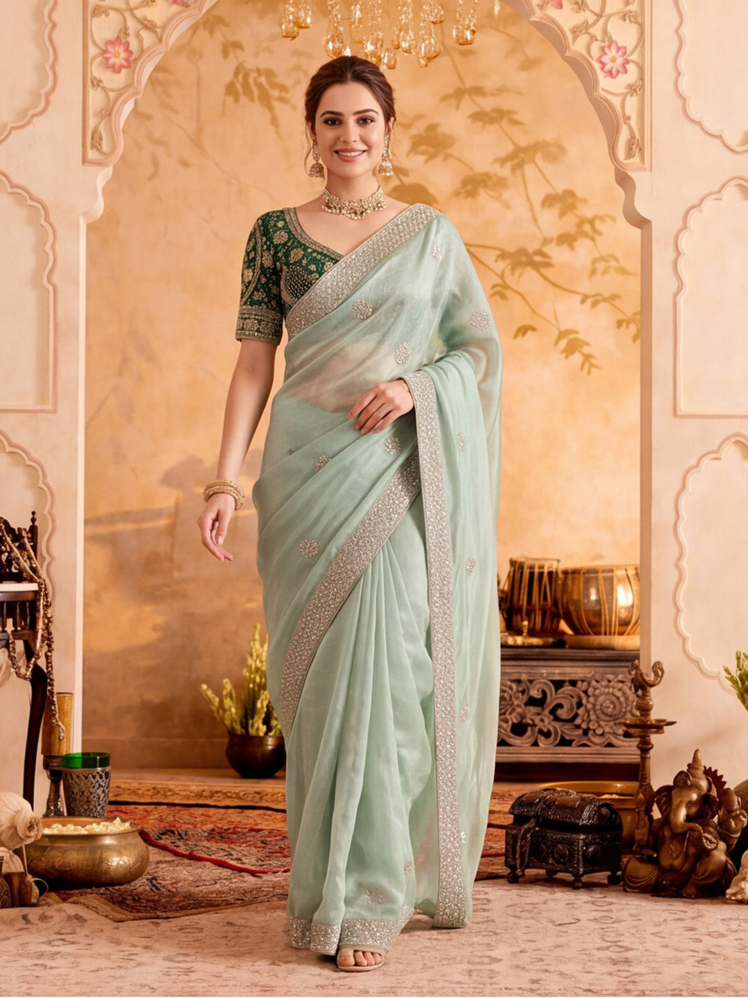 Pure Fandy Satin Pallu Embroidery With Border With Unstitched Blouse Piece