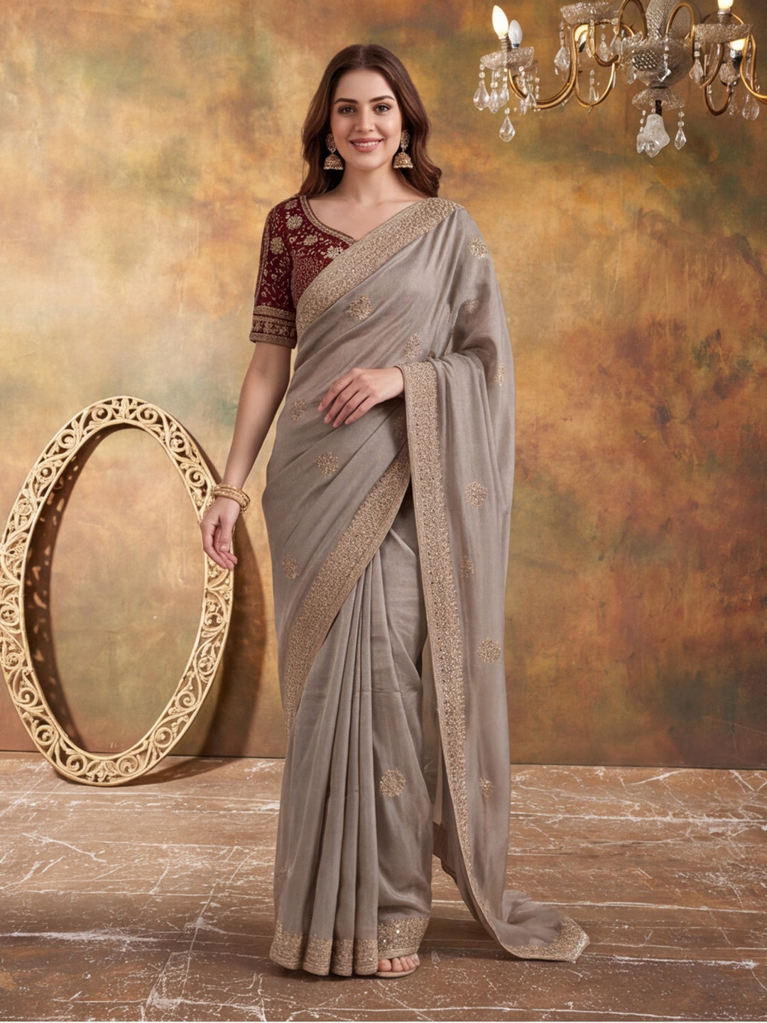 Pure Fandy Satin Pallu Embroidery With Border With Unstitched Blouse Piece