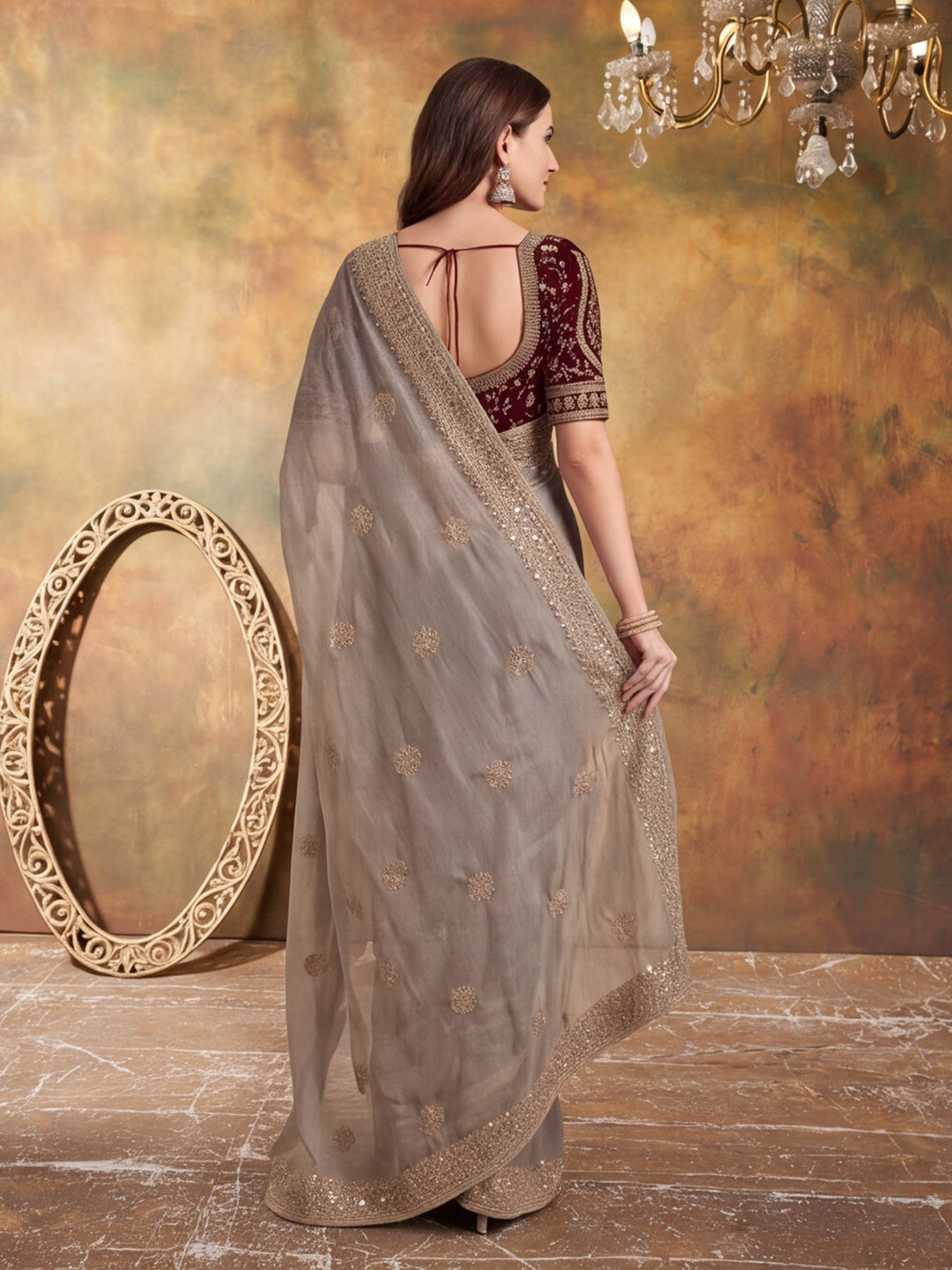 Pure Fandy Satin Pallu Embroidery With Border With Unstitched Blouse Piece