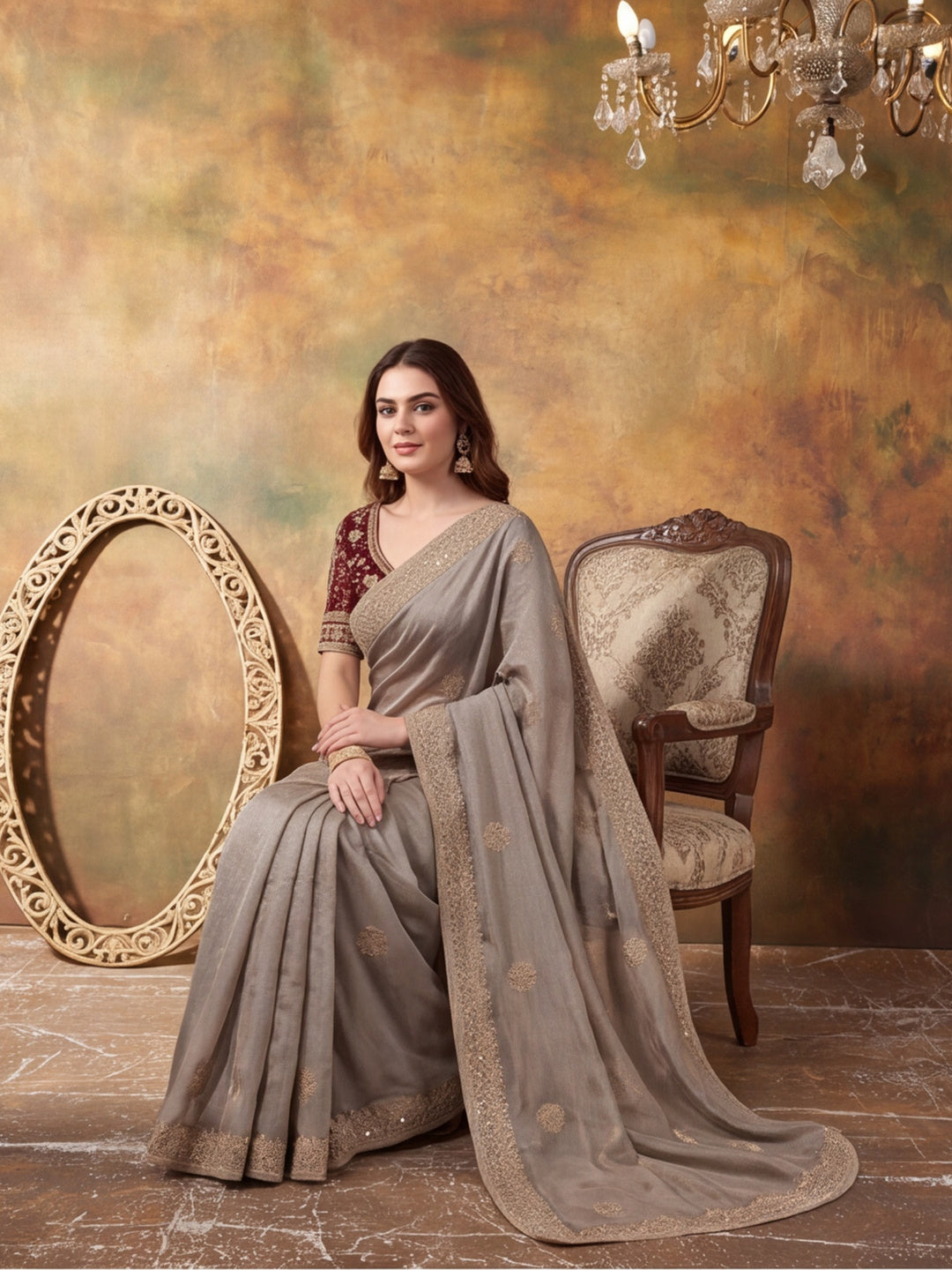 Pure Fandy Satin Pallu Embroidery With Border With Unstitched Blouse Piece