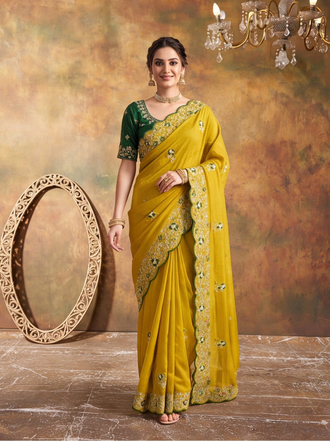 Soft Vichitra Silk Embroidery Sequence Thread Work Saree With Unstitched Blouse Piece