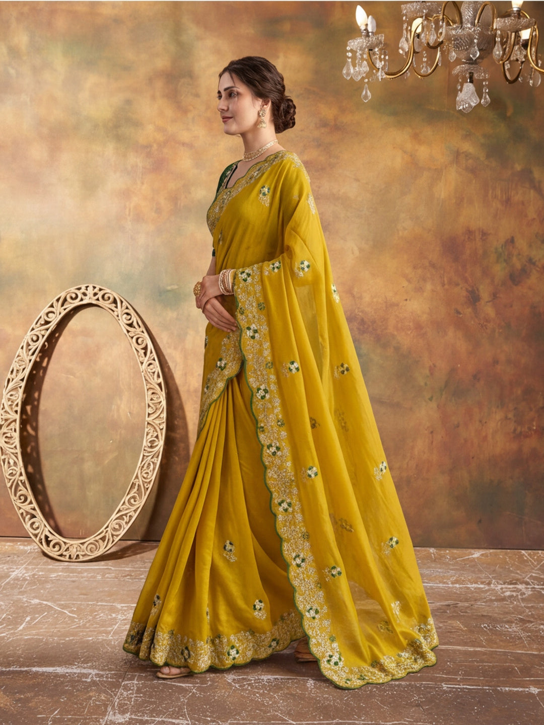 Soft Vichitra Silk Embroidery Sequence Thread Work Saree With Unstitched Blouse Piece