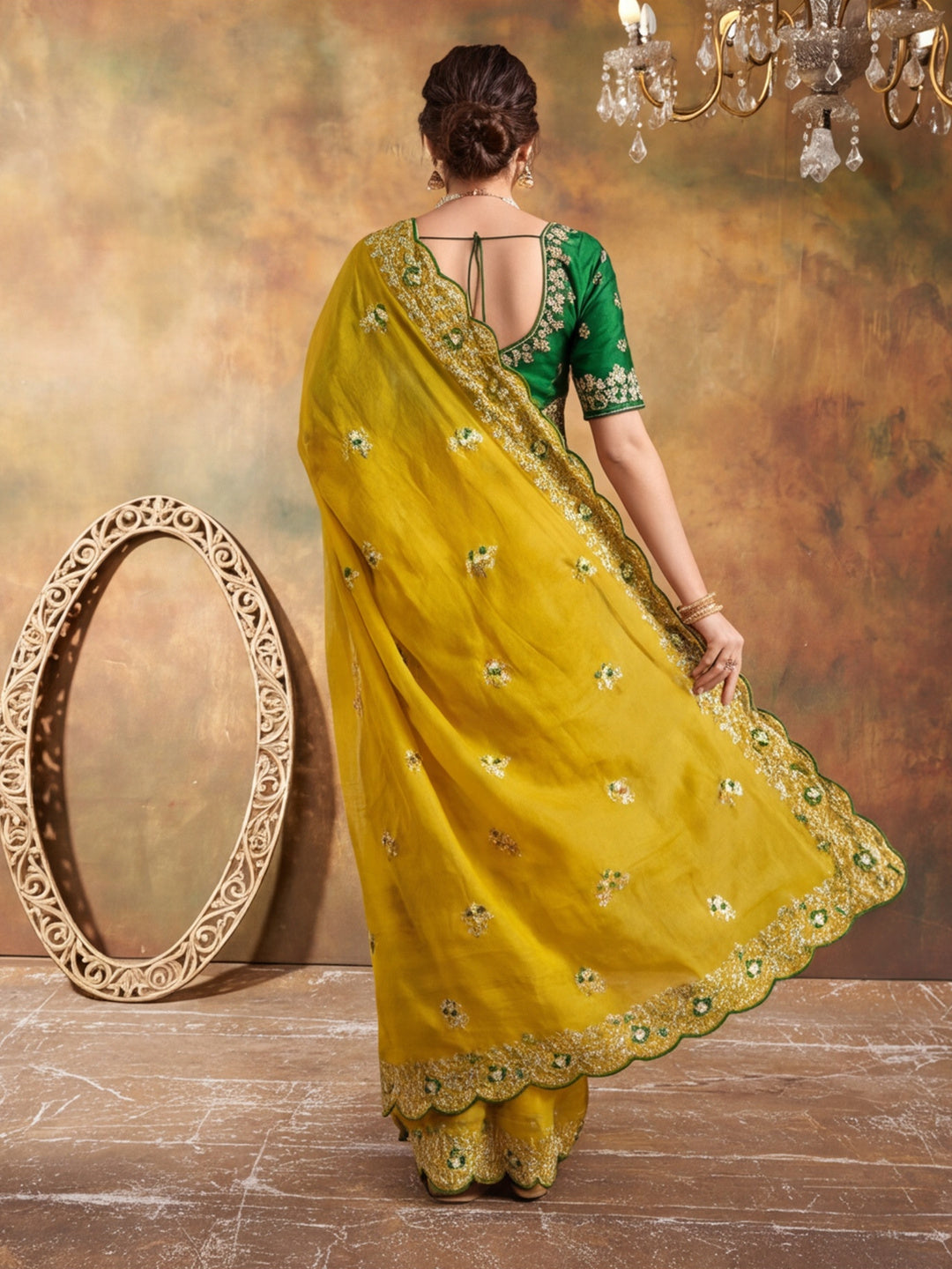 Soft Vichitra Silk Embroidery Sequence Thread Work Saree With Unstitched Blouse Piece
