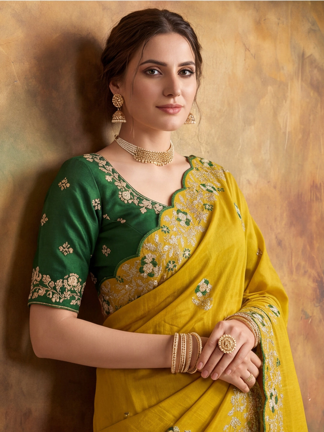 Soft Vichitra Silk Embroidery Sequence Thread Work Saree With Unstitched Blouse Piece