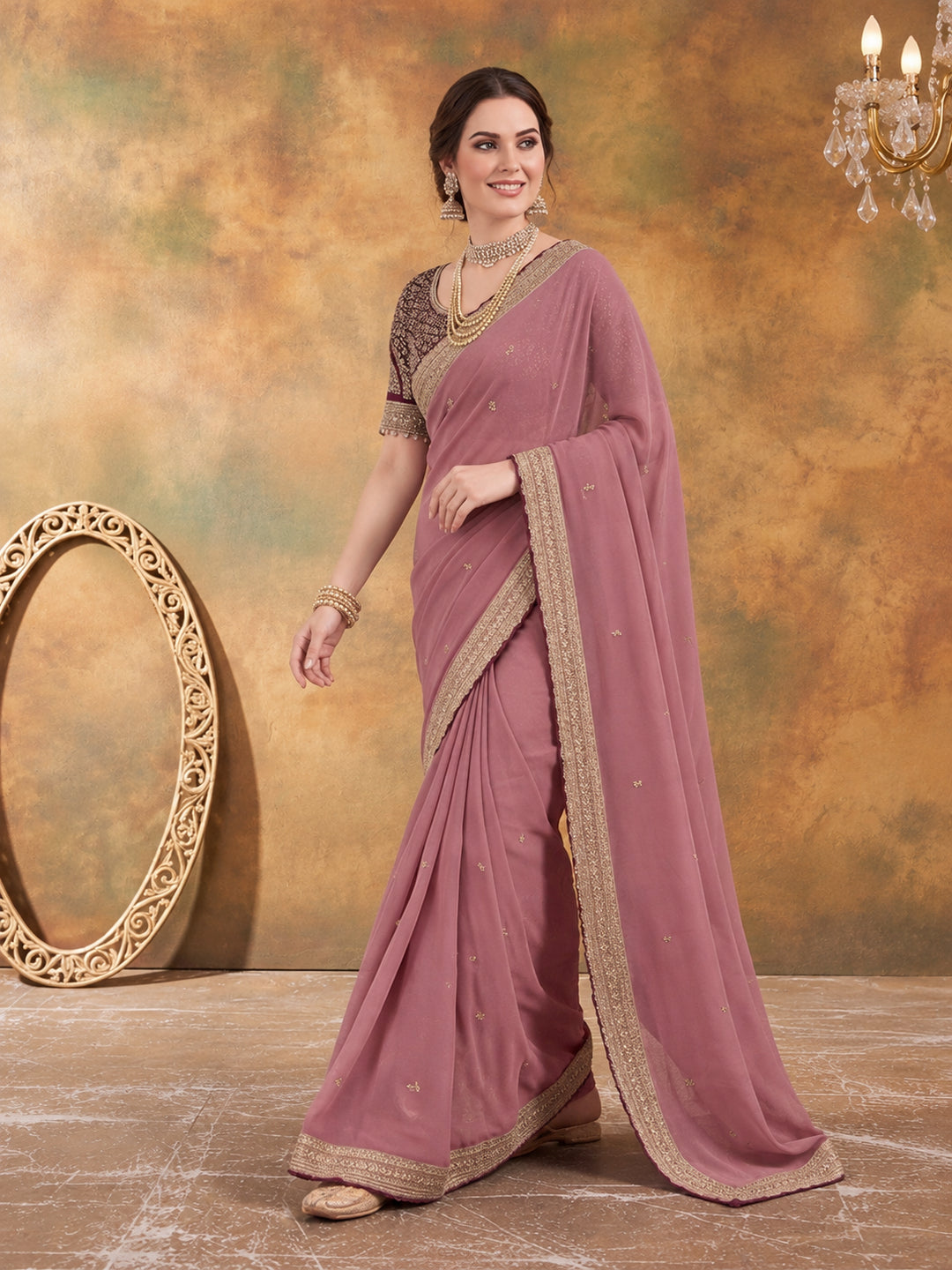 Silk Embroidery Sequence Work Saree With Multi Arco Border With Unstitched Blouse Piece