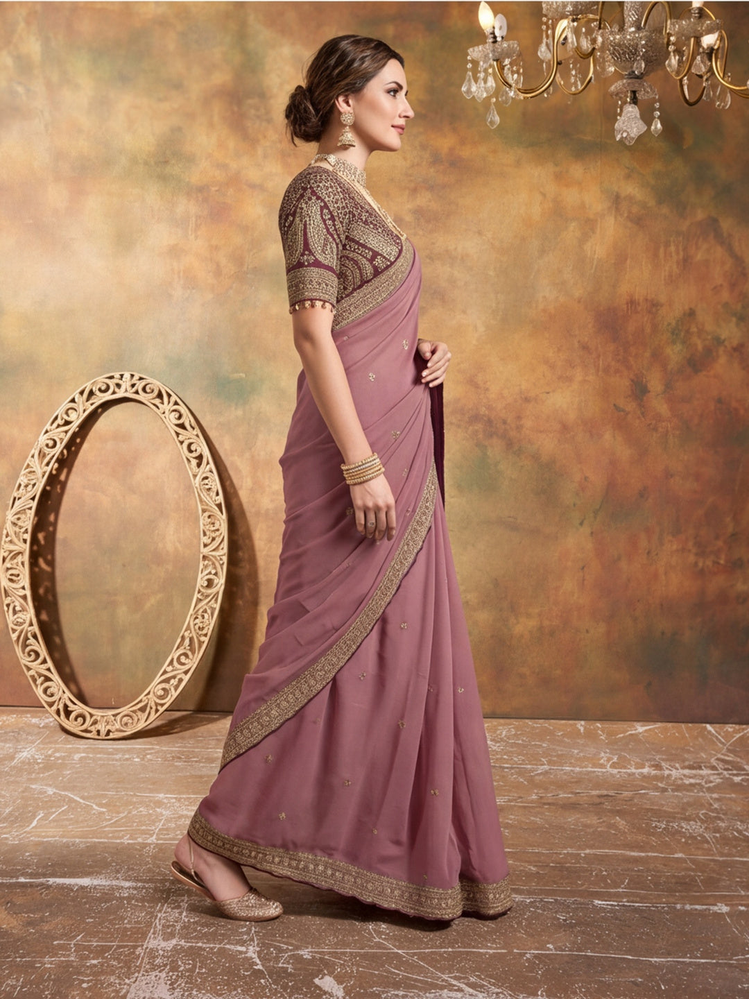 Silk Embroidery Sequence Work Saree With Multi Arco Border With Unstitched Blouse Piece
