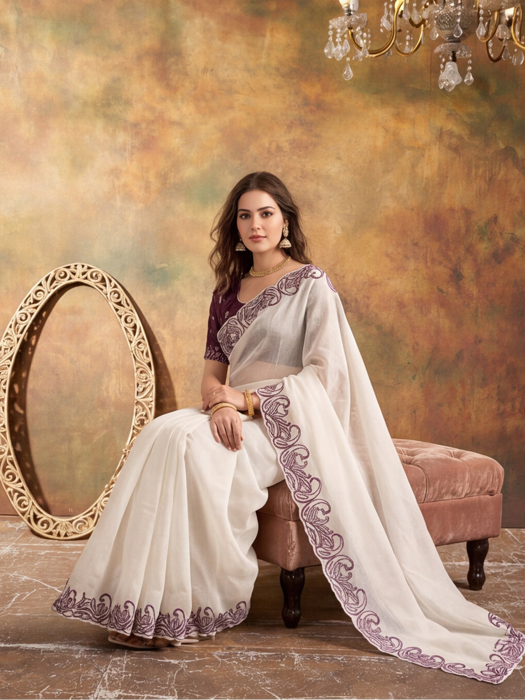 Designer Crunchy Silk Embroidery pallu Work Saree With Unstitched Blouse Piece