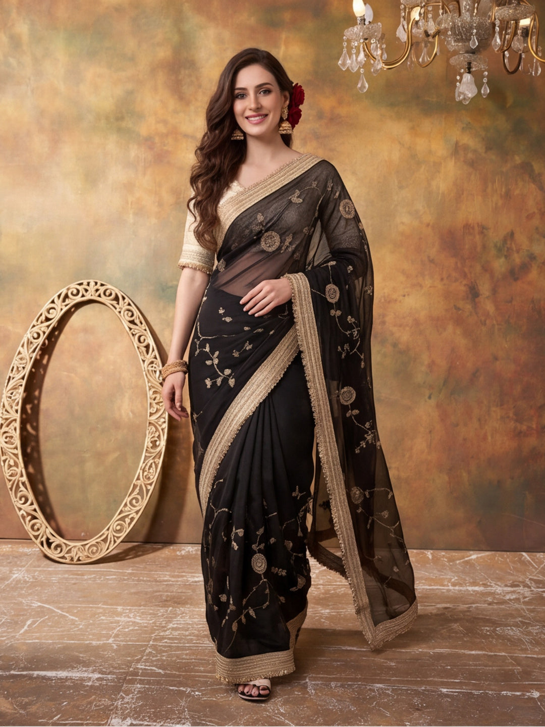 Pure Fandy Satin Pallu Beads Embroidery Work Saree With Unstitched Blouse Piece