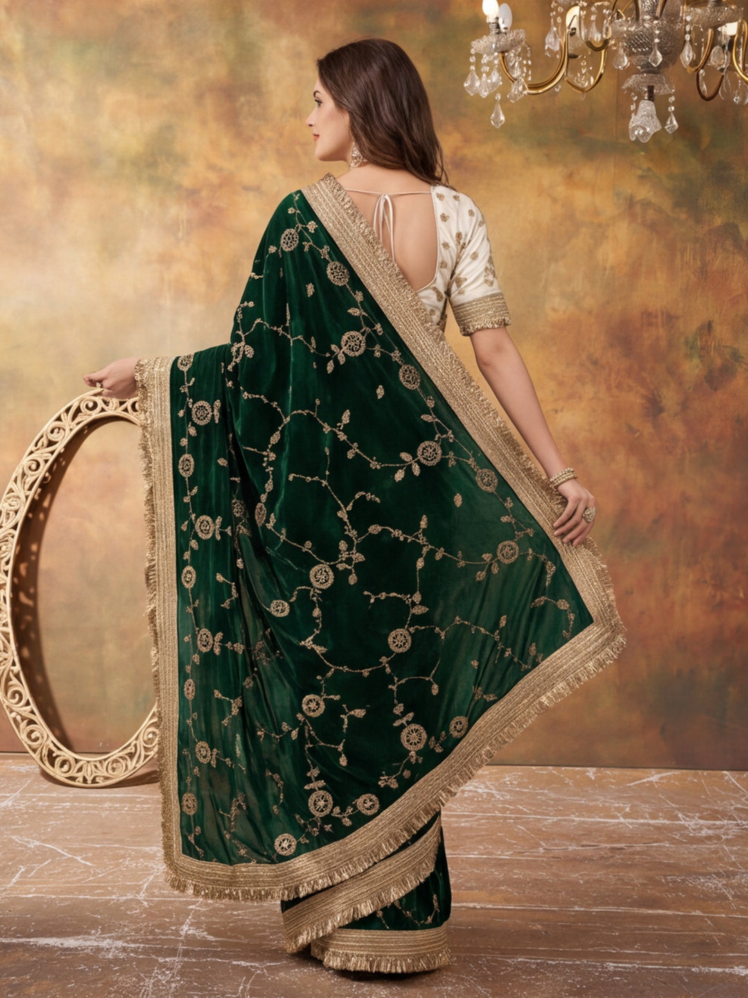 Pure Fandy Satin Pallu Beads Embroidery Work Saree With Unstitched Blouse Piece