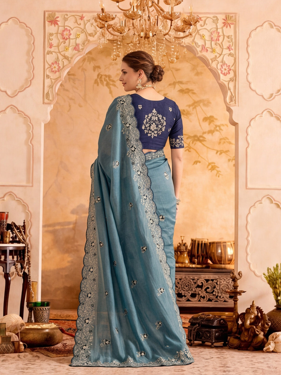 Soft Vichitra Silk Embroidery Sequence Thread Work Saree With Unstitched Blouse Piece