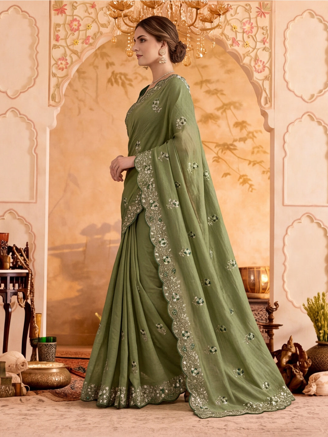 Soft Vichitra Silk Embroidery Sequence Thread Work Saree With Unstitched Blouse Piece