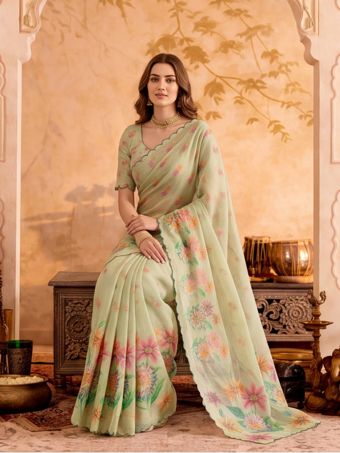 Premium Linen Silk Digital Printed And Khatli Work Saree With Unstitched Blouse Piece