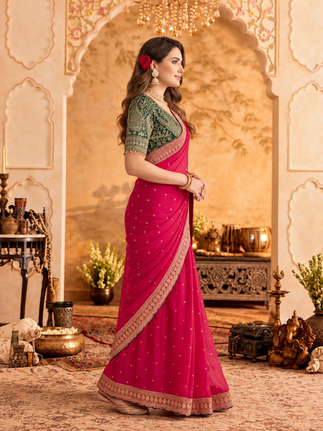 Silk Embroidery Sequence Work Saree With Multi Arco Border With Unstitched Blouse Piece