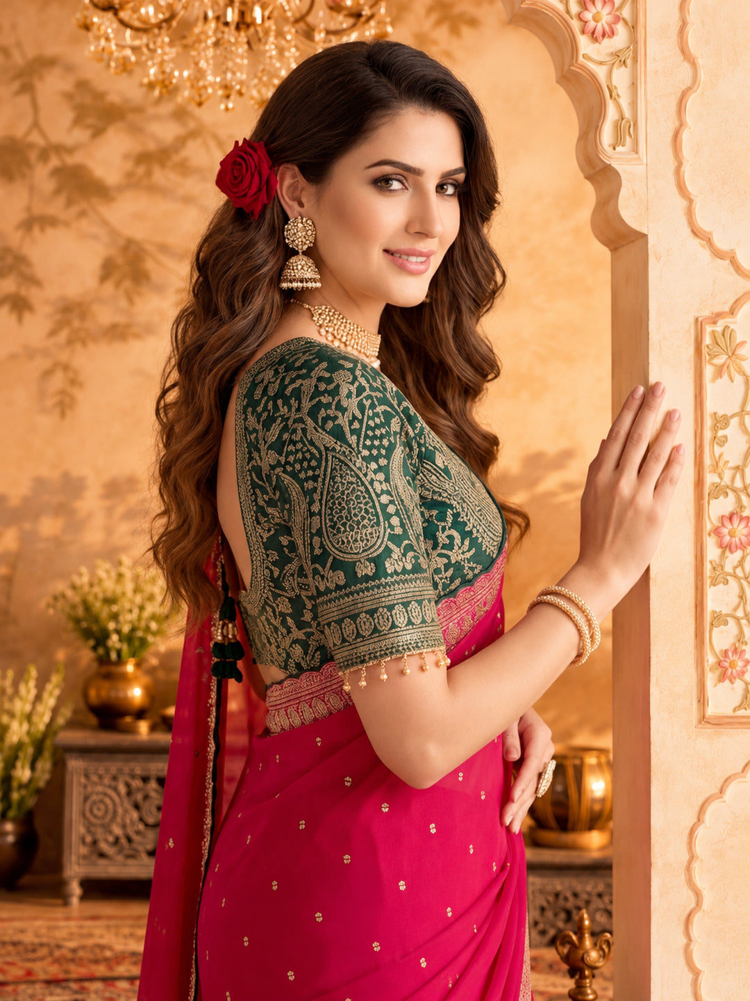 Silk Embroidery Sequence Work Saree With Multi Arco Border With Unstitched Blouse Piece