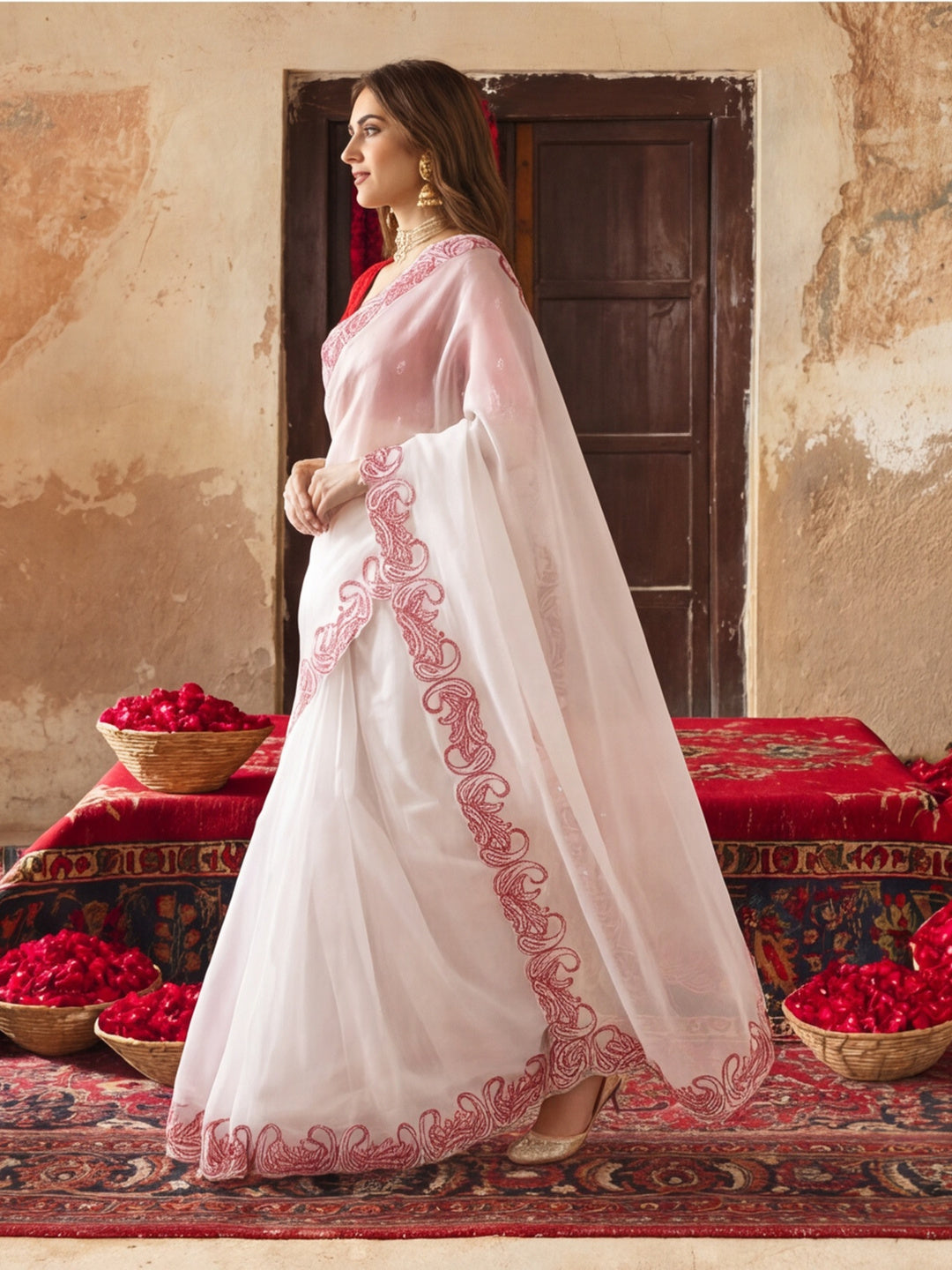 Designer Crunchy Silk Embroidery pallu Work Saree With Unstitched Blouse Piece