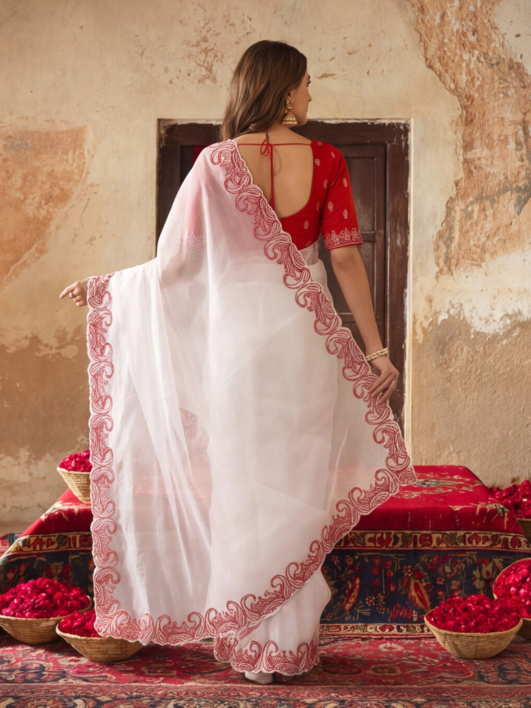 Designer Crunchy Silk Embroidery pallu Work Saree With Unstitched Blouse Piece