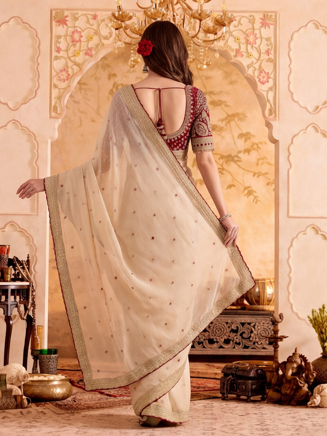 Silk Embroidery Sequence Work Saree With Multi Arco Border With Unstitched Blouse Piece