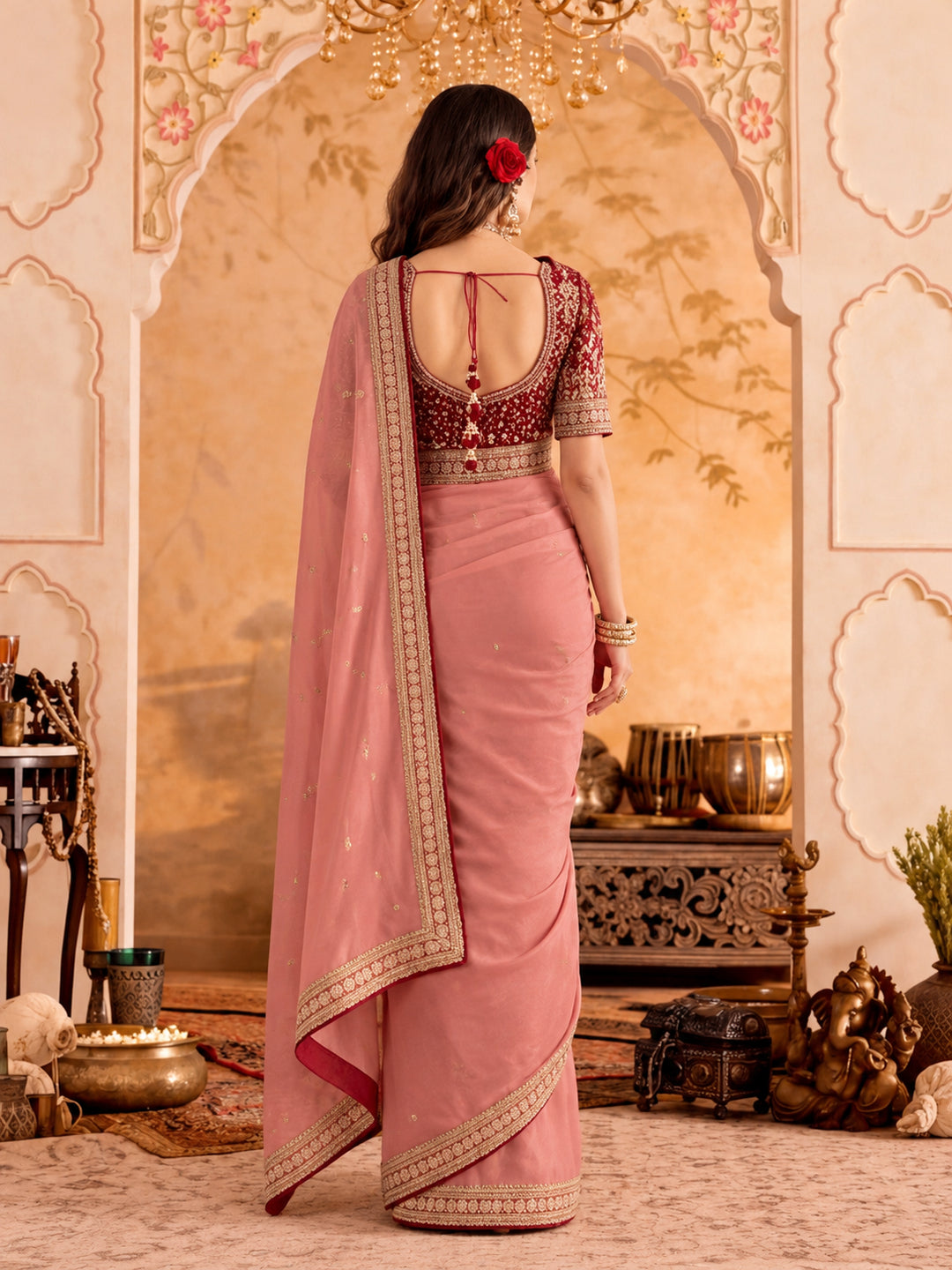 Silk Embroidery Sequence Work Saree With Multi Arco Border With Unstitched Blouse Piece