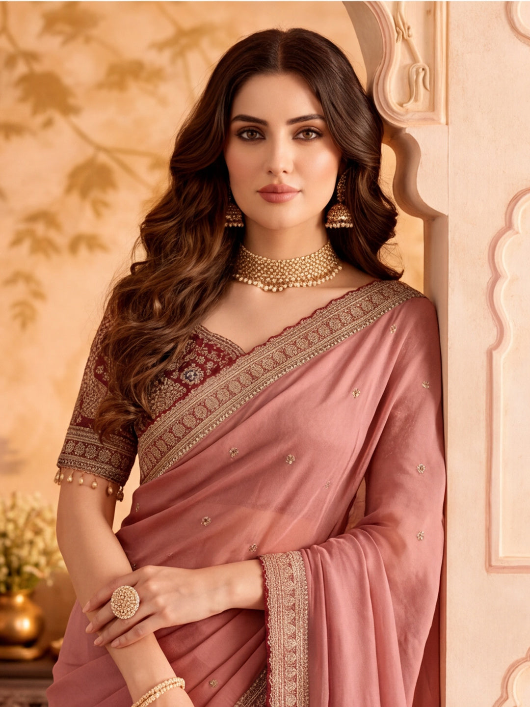 Silk Embroidery Sequence Work Saree With Multi Arco Border With Unstitched Blouse Piece