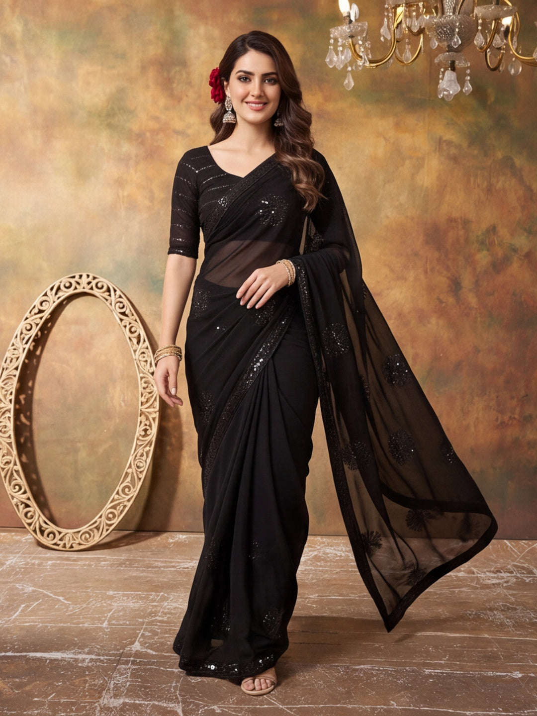 Premium Georgette Embroidery Sequence Work Saree With Unstitched Blouse Piece