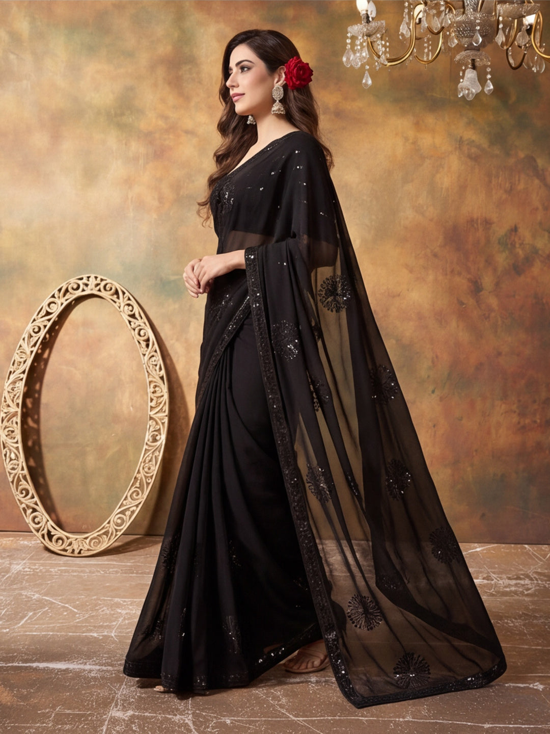 Premium Georgette Embroidery Sequence Work Saree With Unstitched Blouse Piece