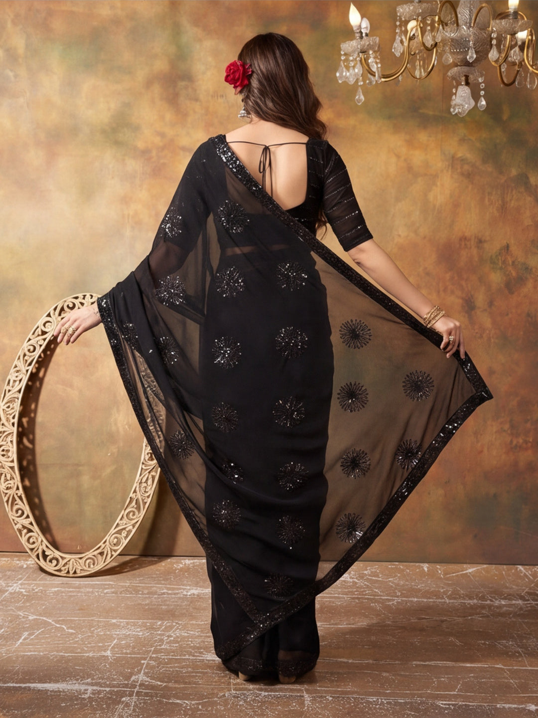 Premium Georgette Embroidery Sequence Work Saree With Unstitched Blouse Piece