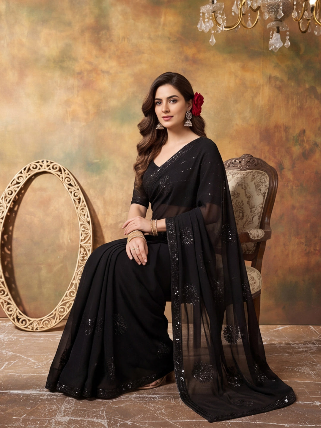 Premium Georgette Embroidery Sequence Work Saree With Unstitched Blouse Piece