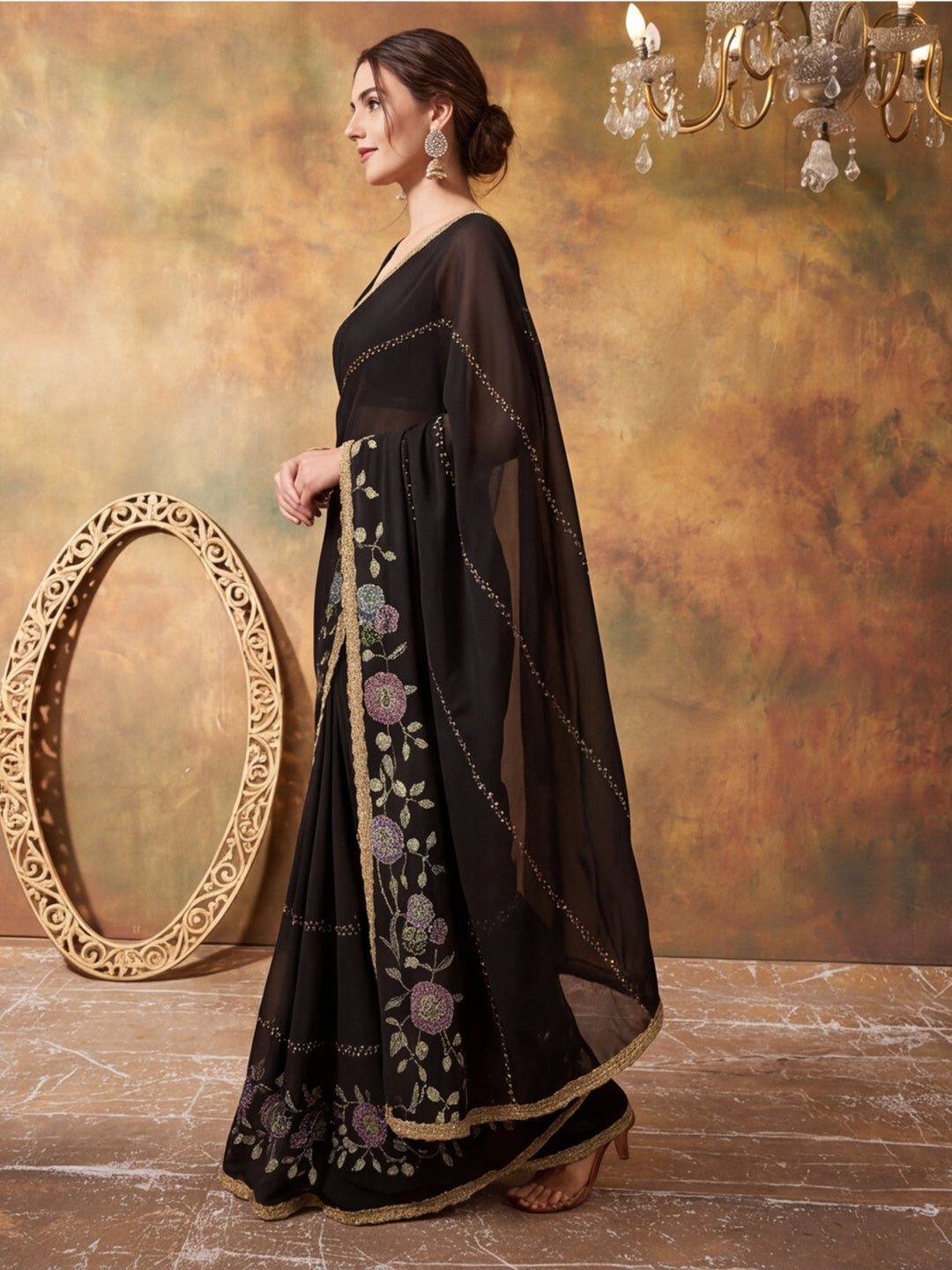 Georgette with Beads pipe and Multi threads work Saree With Unstitched Blouse Piece