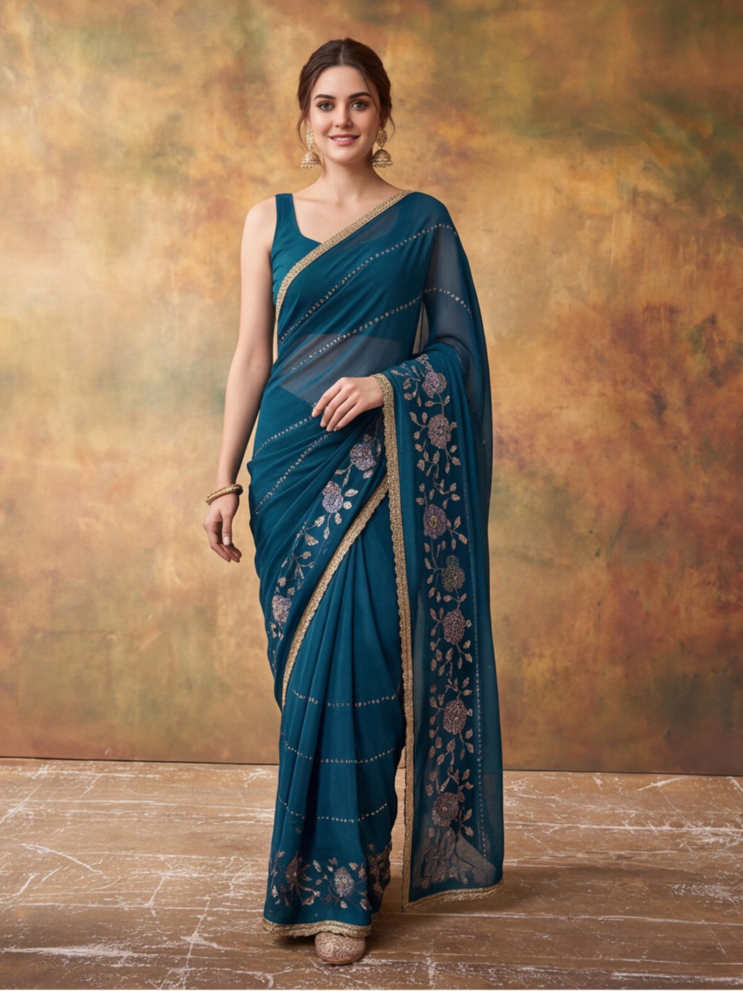 Georgette with Beads pipe and Multi threads work Saree With Unstitched Blouse Piece