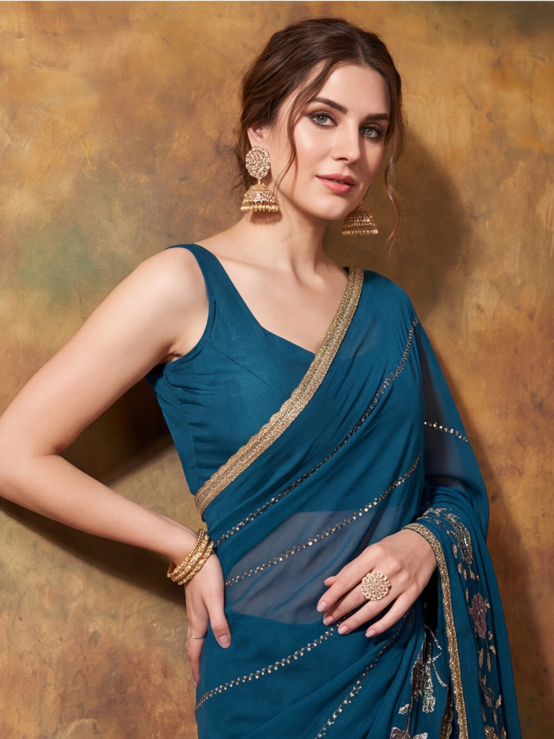 Georgette with Beads pipe and Multi threads work Saree With Unstitched Blouse Piece