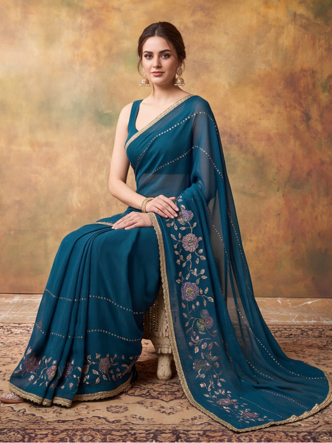 Georgette with Beads pipe and Multi threads work Saree With Unstitched Blouse Piece