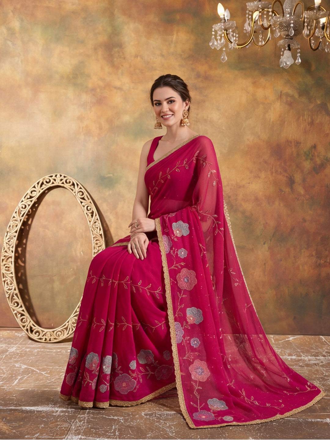 Georgette with Beads pipe and Multi threads work Saree With Unstitched Blouse Piece