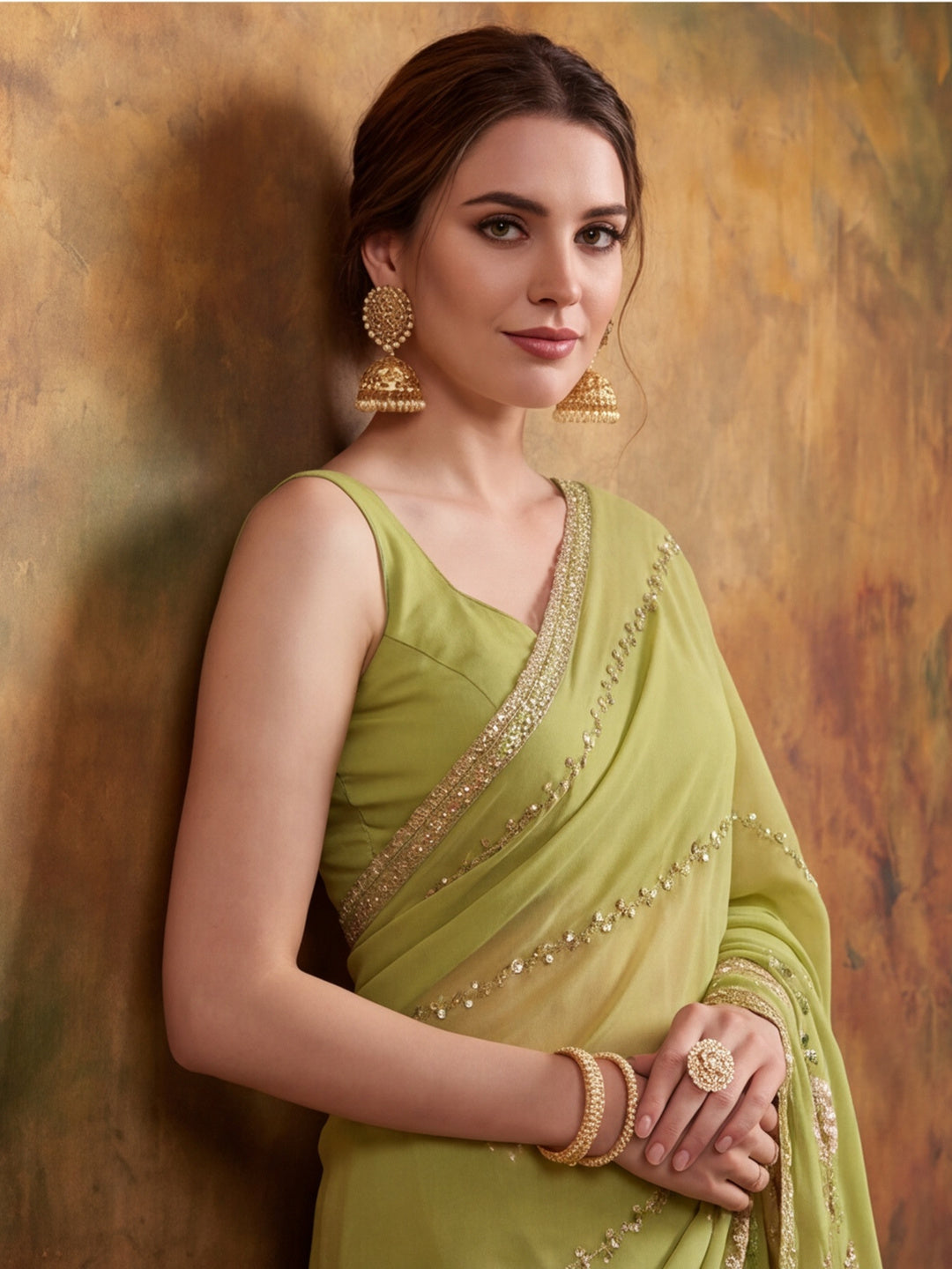 Georgette with Beads pipe and Multi threads work Saree With Unstitched Blouse Piece