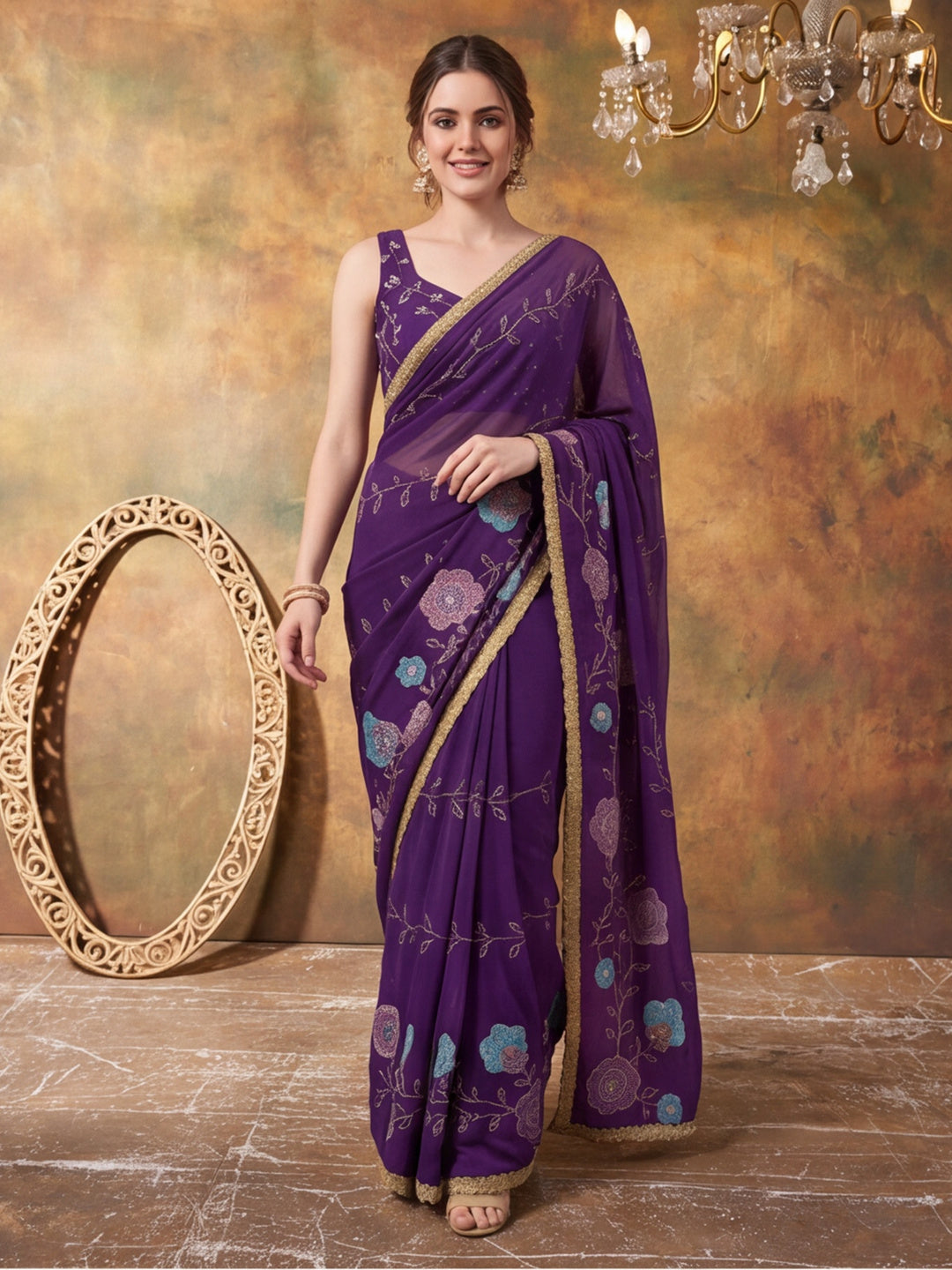 Georgette with Beads pipe and Multi threads work Saree With Unstitched Blouse Piece