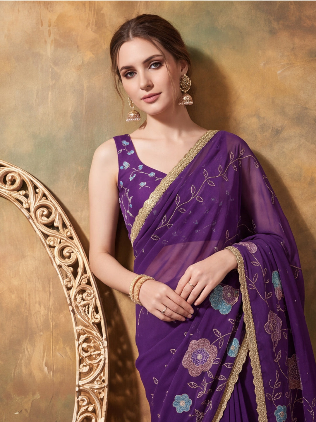 Georgette with Beads pipe and Multi threads work Saree With Unstitched Blouse Piece