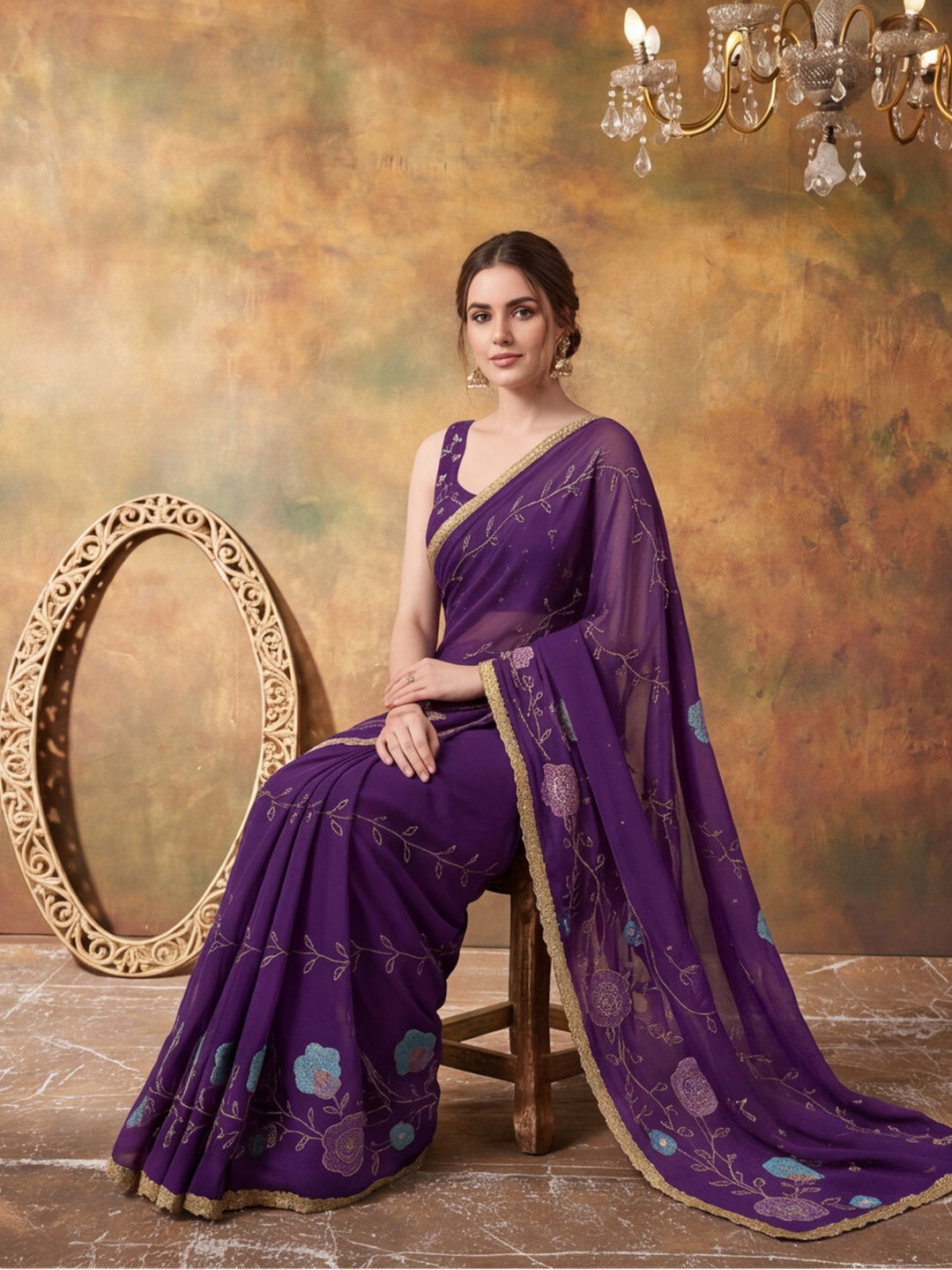Georgette with Beads pipe and Multi threads work Saree With Unstitched Blouse Piece