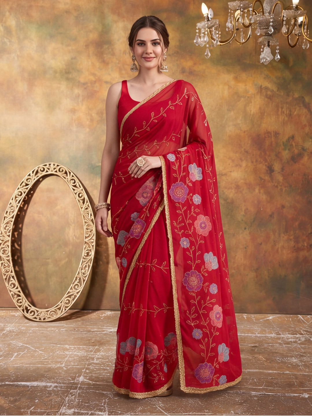 Georgette with Beads pipe and Multi threads work Saree With Unstitched Blouse Piece